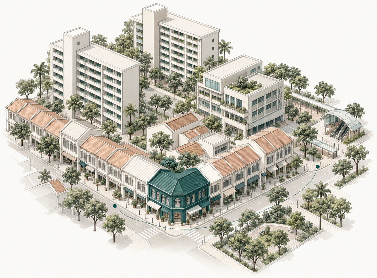 Illustration of a Singapore neighbourhood with a commercial corner property highlighted among homes, shops and transit connections.